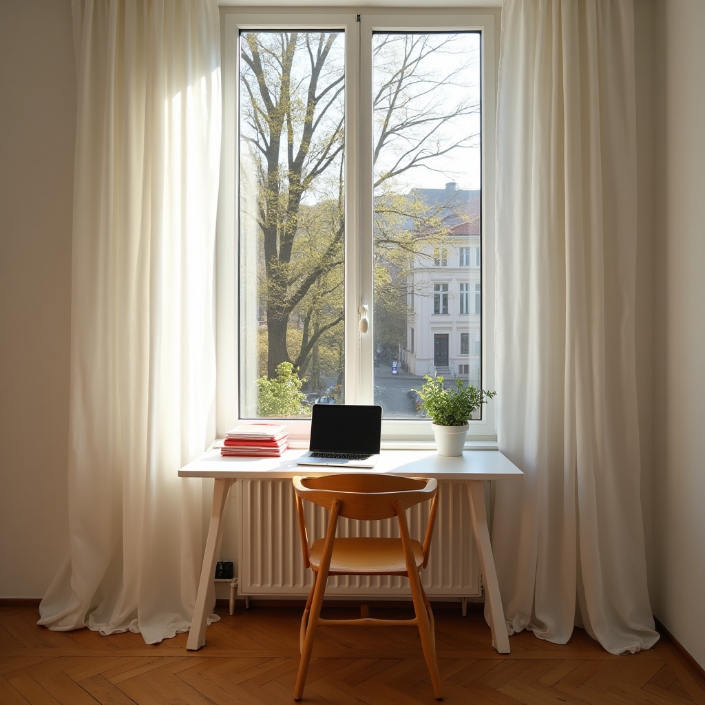 Bright modern apartment home office in Poland with a desk by the window overlooking a city street