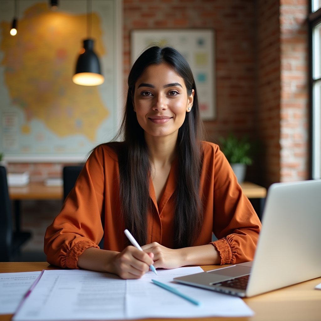 Young foreign woman entrepreneur working at a bright desk with Polish documents and a laptop