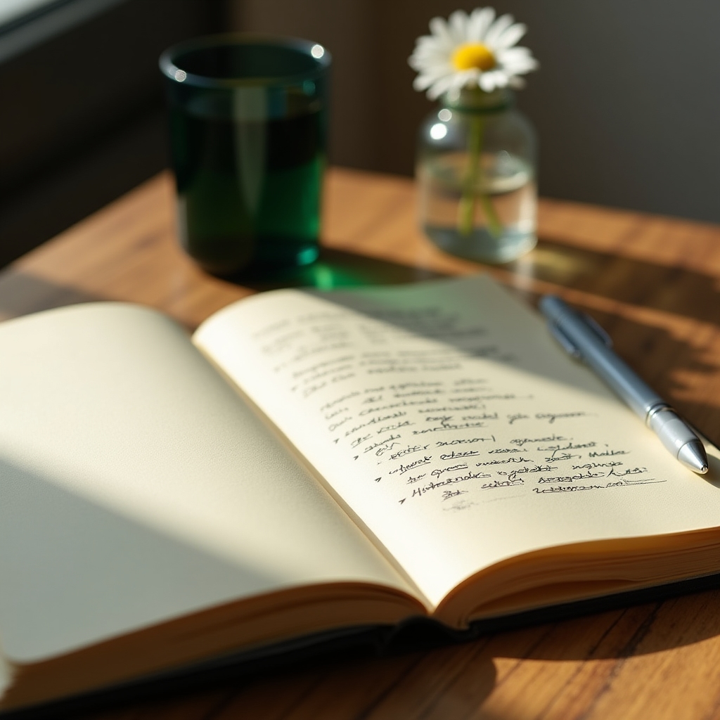 Open notebook with editorial notes and a pen on a warm wooden desk with morning light