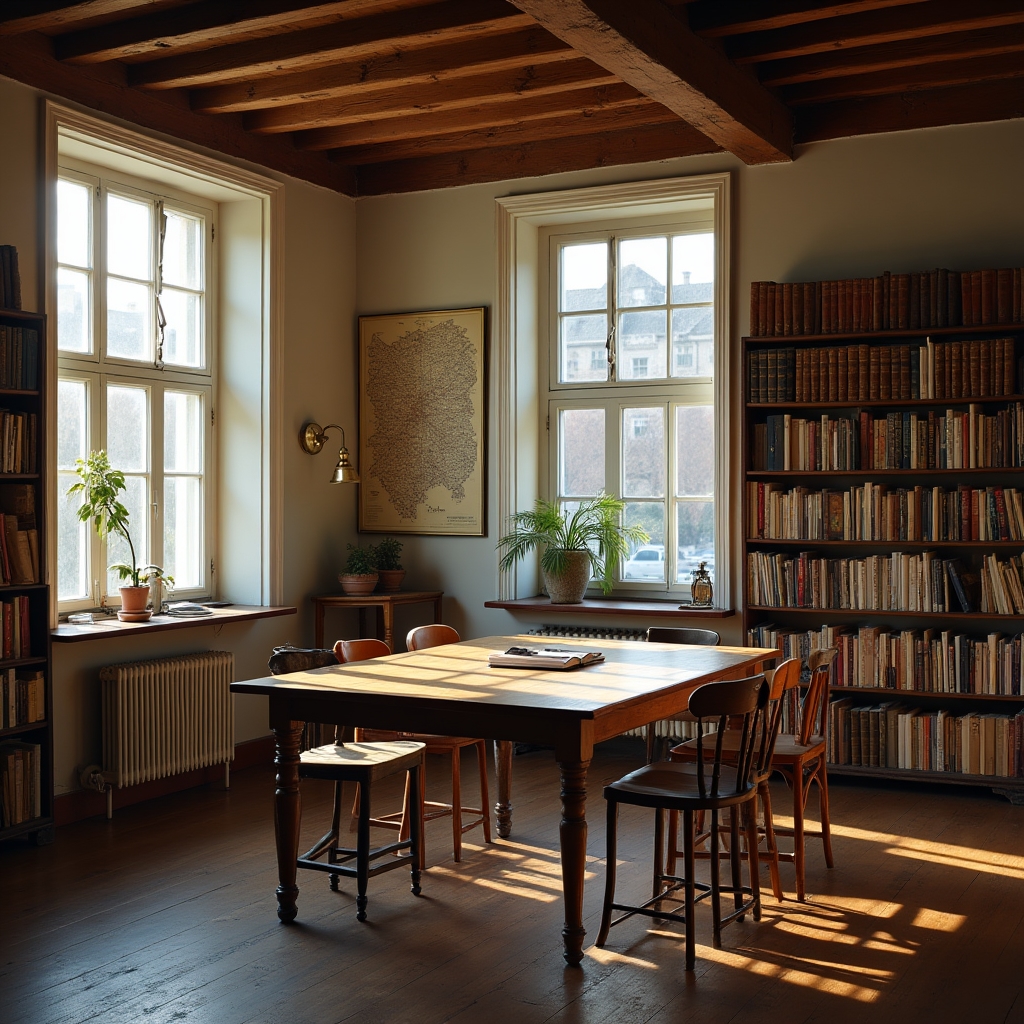 Warm coworking office space in Poznań with wooden furniture, plants, and large windows overlooking a historic street