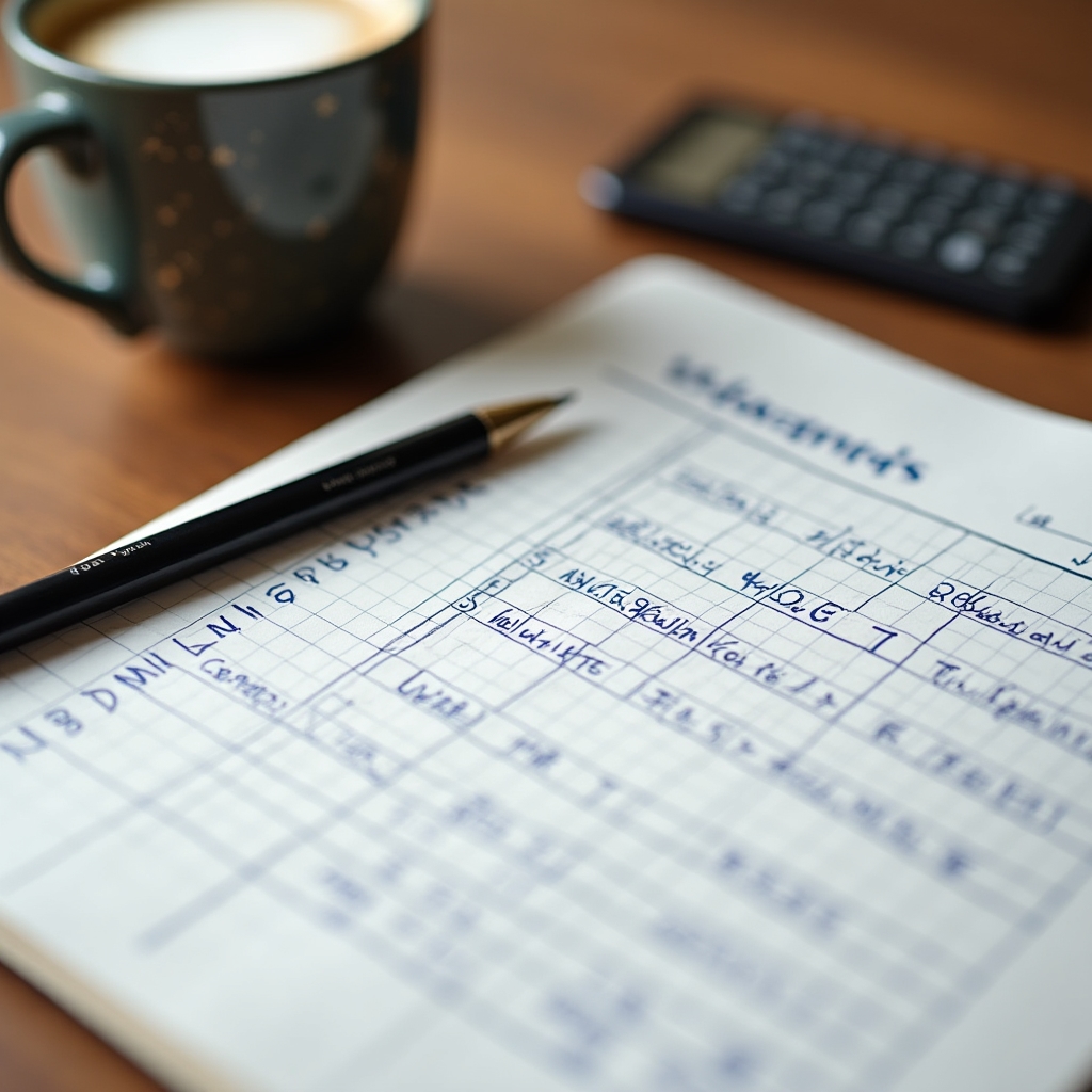 Tax calculation worksheet with ryczałt rates written in pen on graph paper with a coffee cup nearby
