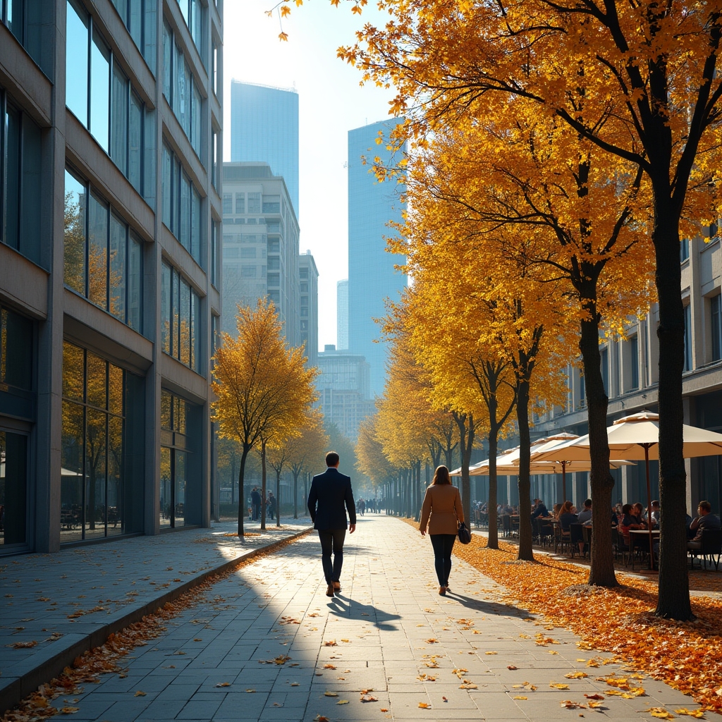 Modern business district street in Warsaw with people walking