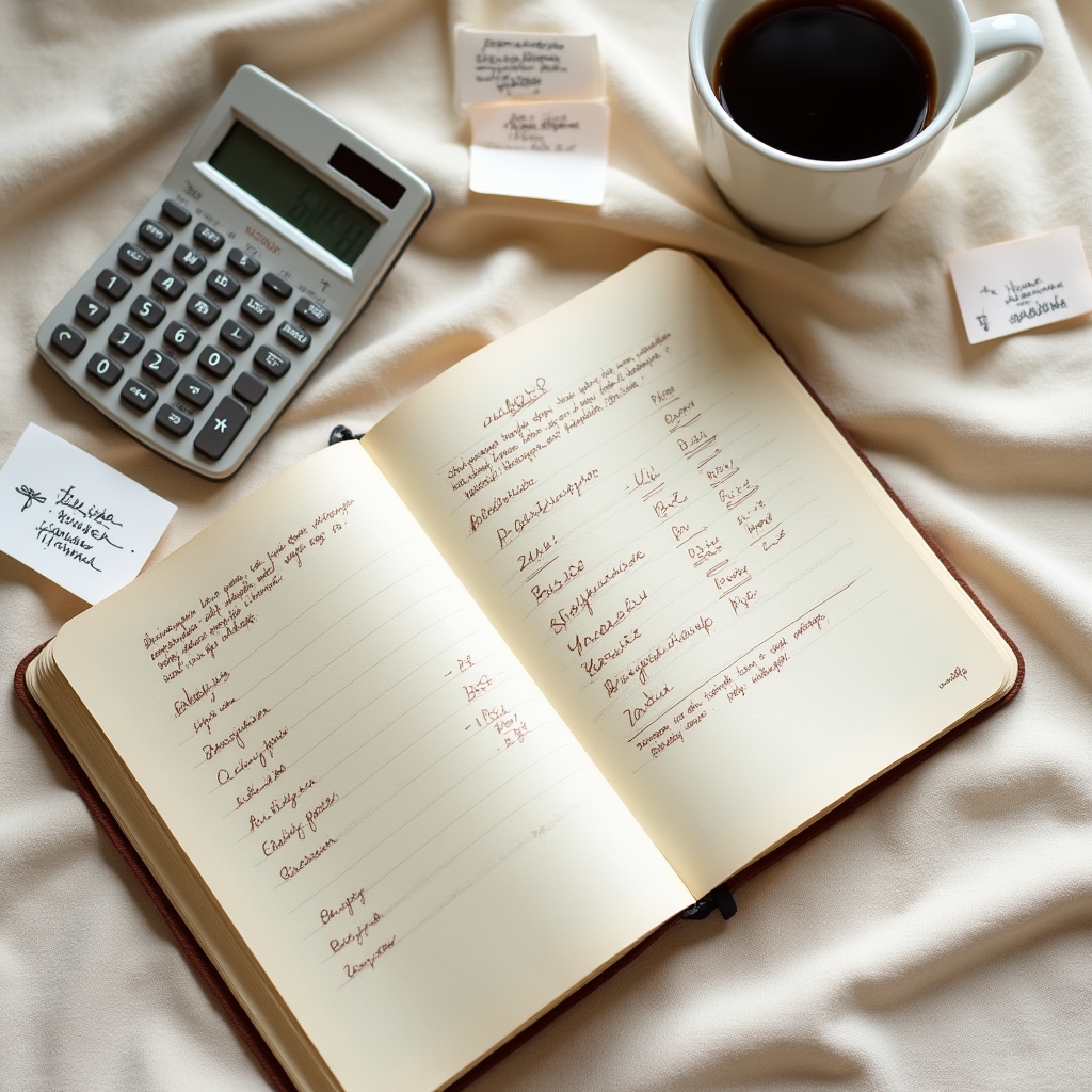 Handwritten ZUS contribution notes with a calculator and coffee cup