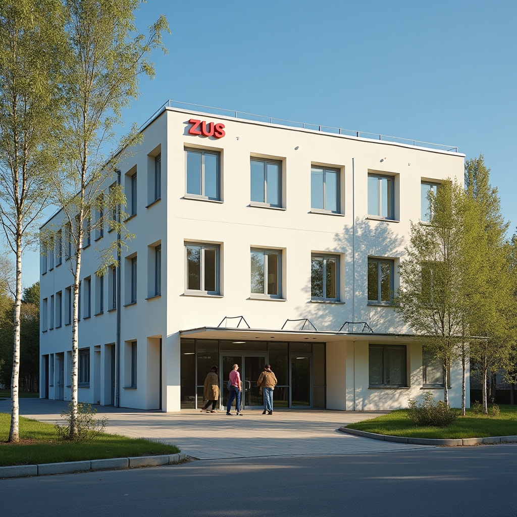Exterior view of a ZUS social insurance office building in Poland on a sunny day